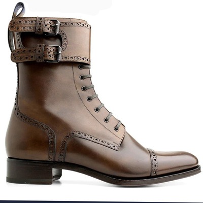 Handmade men's brown leather lace up cap toe double monk buckle ankle high boots