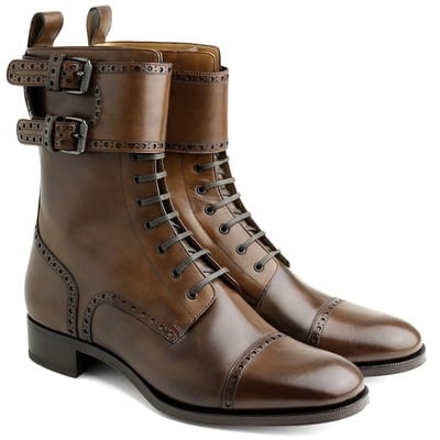 Handmade Men's Brown Leather Lace Up Cap Toe Double Monk Buckle Ankle High Boots