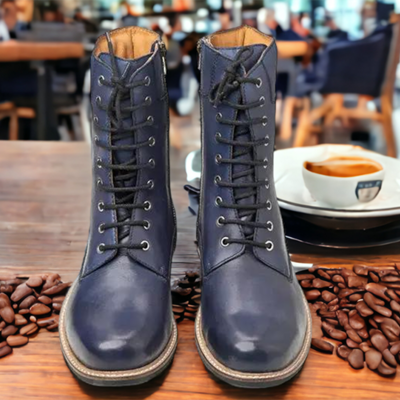 Men's ankle high navy blue long leather boot, hand painted boot - Thumbnail 1