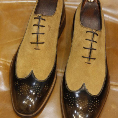 Handmade brown beige lace up leather suede shoes, men's dress shoes - Thumbnail 2