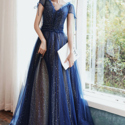 Navy blue v neckline tulle long party dress, navy blue prom dress kpp1773