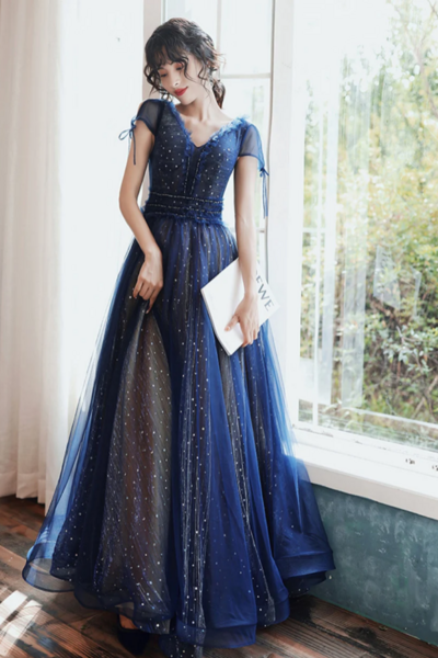 Navy Blue V Neckline Tulle Long Party Dress, Navy Blue Prom Dress KPP1773