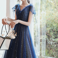 Navy Blue V Neckline Tulle Long Party Dress, Navy Blue Prom Dress KPP1773 - Thumbnail 1