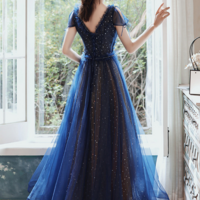 Navy Blue V Neckline Tulle Long Party Dress, Navy Blue Prom Dress KPP1773 - Thumbnail 2