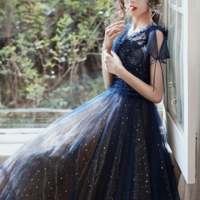 Navy Blue V Neckline Tulle Long Party Dress, Navy Blue Prom Dress KPP1773 - Thumbnail 3