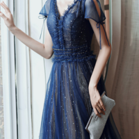 Navy Blue V Neckline Tulle Long Party Dress, Navy Blue Prom Dress KPP1773 - Thumbnail 4