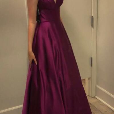 Elegant spaghetti straps purple satin long prom dresses - Thumbnail 3