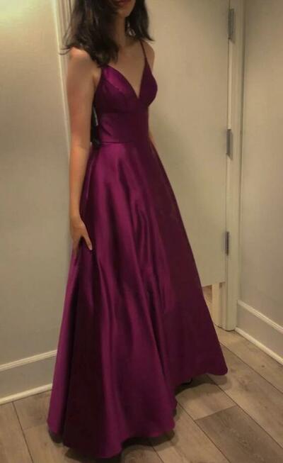 Elegant Spaghetti Straps Purple Satin Long Prom Dresses