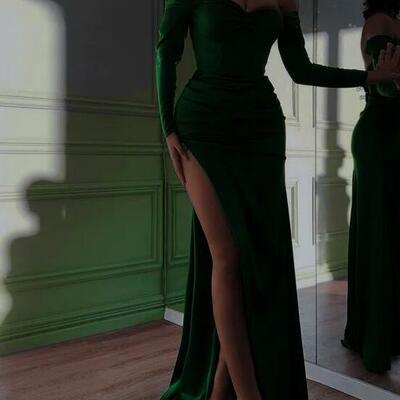 Off the shoulder simple green long prom dresses - Thumbnail 4