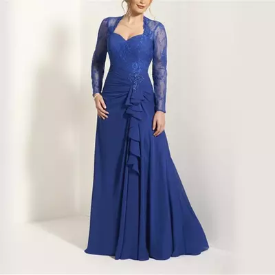 Blue mother of the bride dresses a-line long sleeves chiffon lace plus size long groom mother dresses for wedding