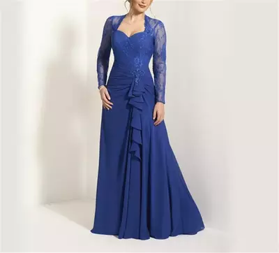 Blue Mother Of The Bride Dresses A-line Long Sleeves Chiffon Lace Plus Size Long Groom Mother Dresses For Wedding