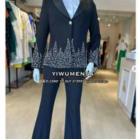 Black Crystal Beads Women Suits Formal Party Laides Business Party Blazer Pants 2 Pieces Mother Of Bride Dress Luxury Customized - Thumbnail 1