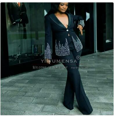 Black crystal beads women suits formal party laides business party blazer pants 2 pieces mother of bride dress luxury customized