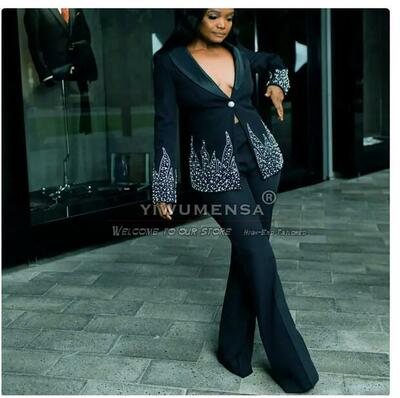 Black Crystal Beads Women Suits Formal Party Laides Business Party Blazer Pants 2 Pieces Mother Of Bride Dress Luxury Customized