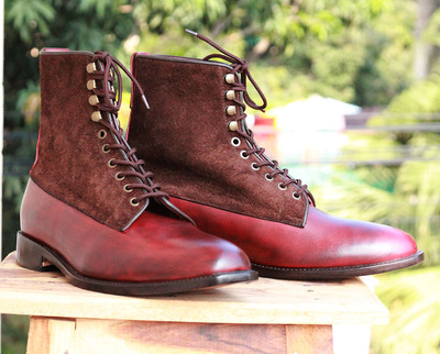 Ankle High Brown Burgundy Boot, Men's Handmade Leather Suede Boot