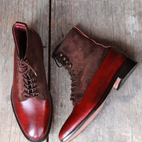 Ankle High Brown Burgundy Boot, Men's Handmade Leather Suede Boot - Thumbnail 1