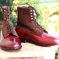 Ankle High Brown Burgundy Boot, Men's Handmade Leather Suede Boot - Thumbnail 2