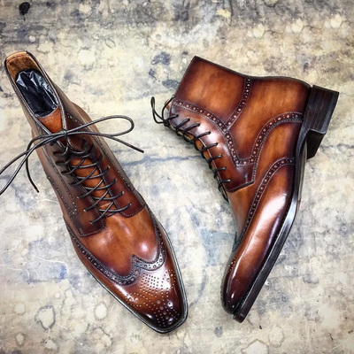 Brown ankle high leather boots, mens handmade leather wing tip brouges - Thumbnail 1