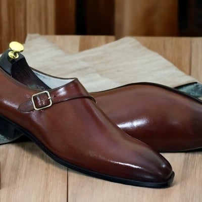 Handmade men's brown singal monk buckle leather dress shoes