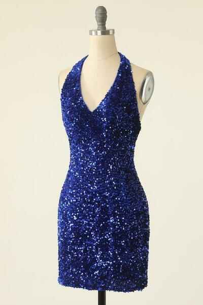 Halter Royal Blue Sequin Open Back Short Homecoming Dresses