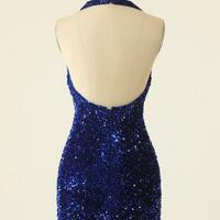 Halter Royal Blue Sequin Open Back Short Homecoming Dresses - Thumbnail 1
