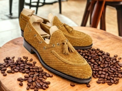 Handmade Men's Woven Leather Brown Tassle Loafer Shoes