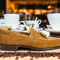 Handmade Men's Woven Leather Brown Tassle Loafer Shoes - Thumbnail 1