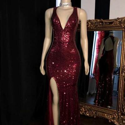 Simple burgundy sequin long prom dresses