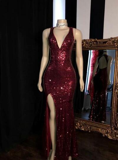 Simple Burgundy Sequin Long Prom Dresses