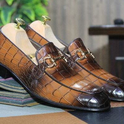 Handmade men's fashion two tone alligator print leather horse bit loafer shoes