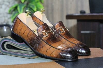 Handmade Men's Fashion Two Tone Alligator Print Leather Horse Bit Loafer Shoes