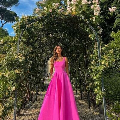 Elegant hot pink a line long prom dresses - Thumbnail 2