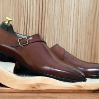 Handmade Men's Brown Singal Monk Buckle Leather Dress Shoes - Thumbnail 1