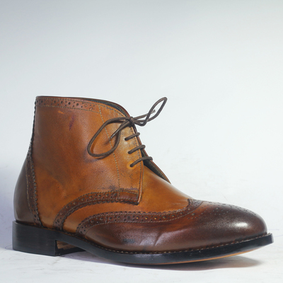 Handmade brown ankle high wing tip brogue leather boot for men's - Thumbnail 1