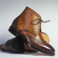 Handmade Brown Ankle High Wing Tip Brogue Leather Boot For Men's - Thumbnail 2