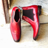 New Burgundy Chelsea Leather Boots Mens Fashion boots Designer Boot - Thumbnail 1