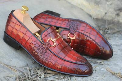 Men's Fashion Red Alligator Print Leather Horse Bit Handmade Loafer Shoes