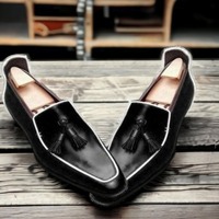 Black Handmade Men's Leather Tassle Loafer Fashion Shoes - Thumbnail 1