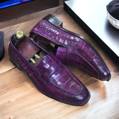 Penny handmade men's purple alligator print leather loafer shoes - Thumbnail 1