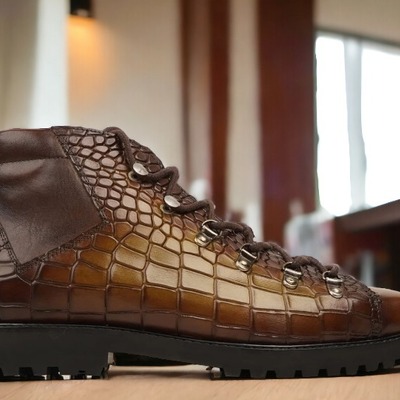 Handmade men's brown alligator print leather lace up chunky sole boots - Thumbnail 3