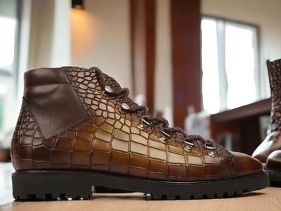 Handmade Men's Brown Alligator Print Leather Lace Up Chunky Sole Boots