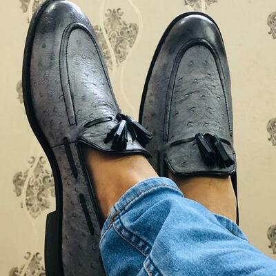 Handmade men's gray &  black ostrich leather slip on loafer shoes