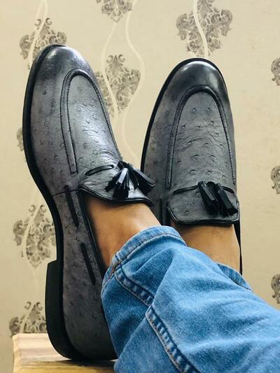 Handmade Men's Gray &  Black Ostrich Leather Slip On Loafer Shoes