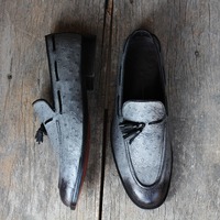 Handmade Men's Gray &  Black Ostrich Leather Slip On Loafer Shoes - Thumbnail 1
