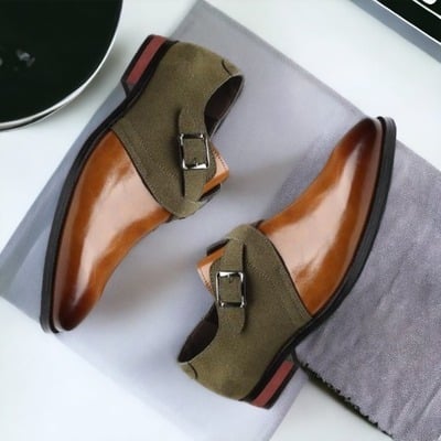 Handmade men's two tone leather & suede double monk buckle dress shoes
