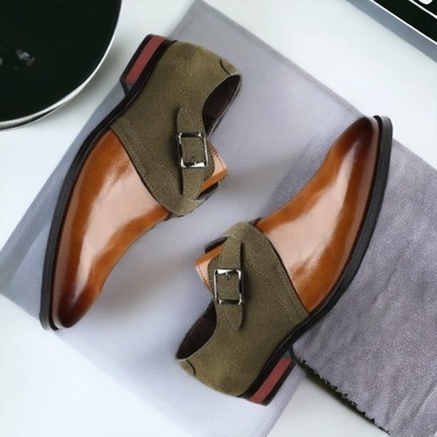 Handmade Men's Two Tone Leather & Suede Double Monk Buckle Dress Shoes