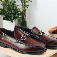Handmade Men's  Burgundy Horse Bit Leather Slip On Loafer Shoes