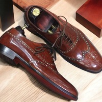 Handmade Men's Dark Brown Leather Lace Up Wing Tip Dress Shoes - Thumbnail 1