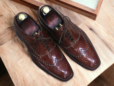 Handmade Men's Dark Brown Leather Lace Up Wing Tip Dress Shoes