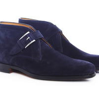 Handmade Men's Suede Navy Blue Leather Chukka Monk strap Boots - Thumbnail 1